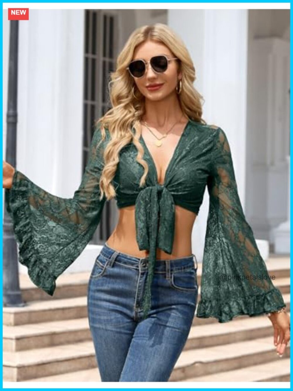 Flowy Lace Bell Sleeve Tie Front Crop Blouse Boho Rave Festival Hippie Top - Picture 3 of 6